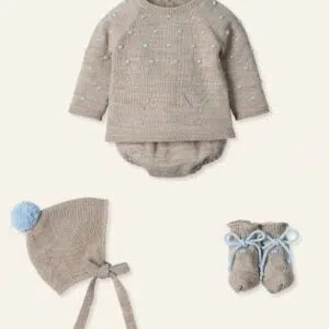 Conjunto 4 piezas Gorro Pompon Camel Y Celeste